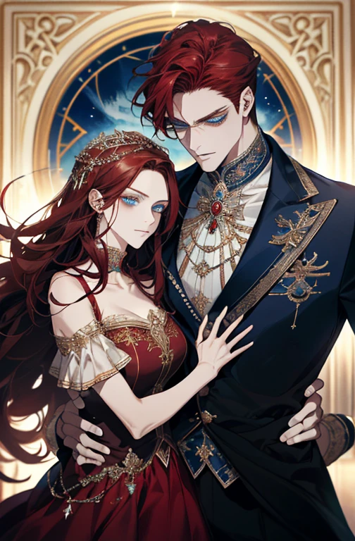 (High quality , ultra detailed, careful with hand) Zodiac - Cancer god, similar to latin good , Intelligent, crafty, rational, strong-willed face , Tenacious, moody, irritable, oppressive style ,  ocean blue eyes(eyes detail), dark red hair , elegant greek clothing  , in the ballroom with partner  , height difference. whole body , musculoso,