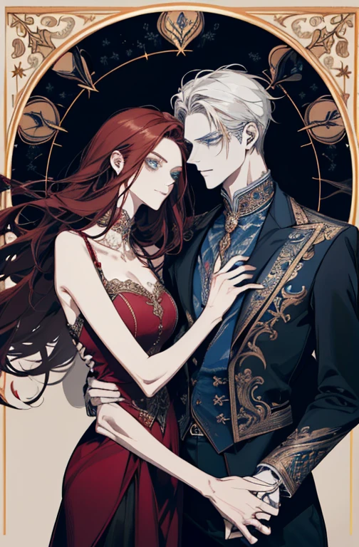 (High quality , ultra detailed, careful with hand) Zodiac - Cancer god, similar to latin good , Intelligent, crafty, rational, strong-willed face , Tenacious, moody, irritable, oppressive style , ocean blue eyes(eyes detail), dark red hair , elegant greek clothing , in the ballroom with partner , height difference. whole body , musculoso,