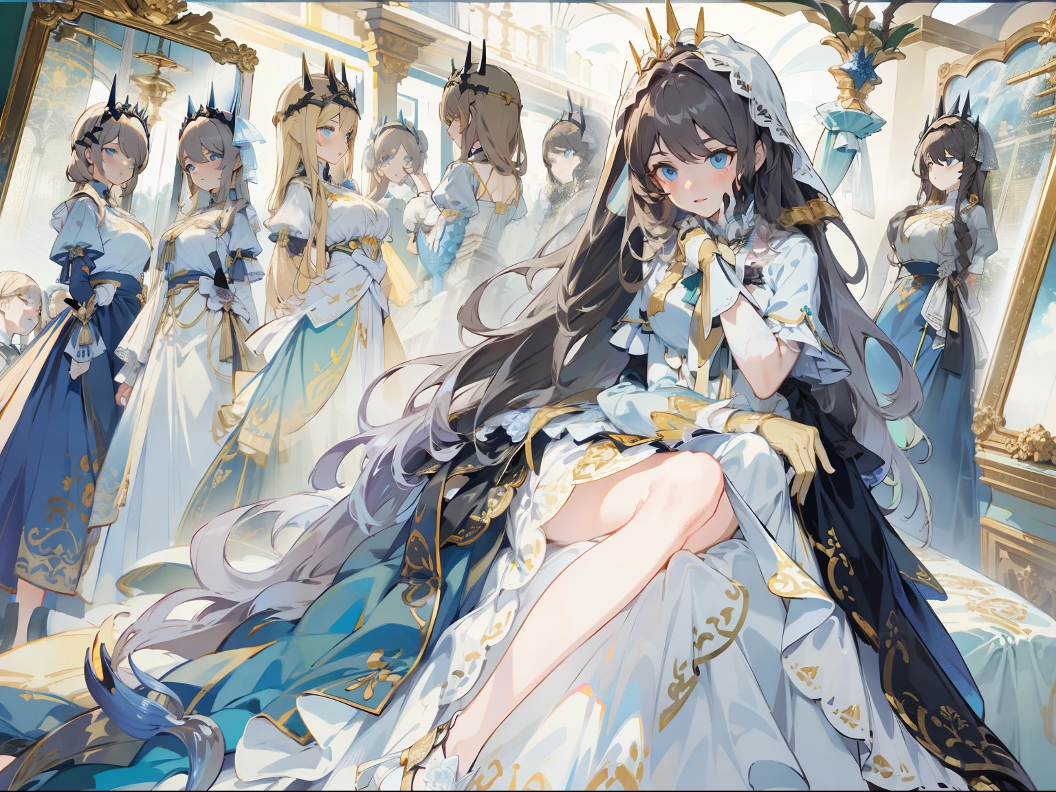(Masterpiece, best quality) detailed, blue eyes that fade into yellow, Detailed face, one eye covered by bangs, beauty marks, character sheet, full bodyesbian, many items (same person, white blouse, long mermaid cut skirt, black lace gloves, shoes, decoration, many parts), aristocratic woman, gentle, good-looking skirt, full of details, clear outfit design