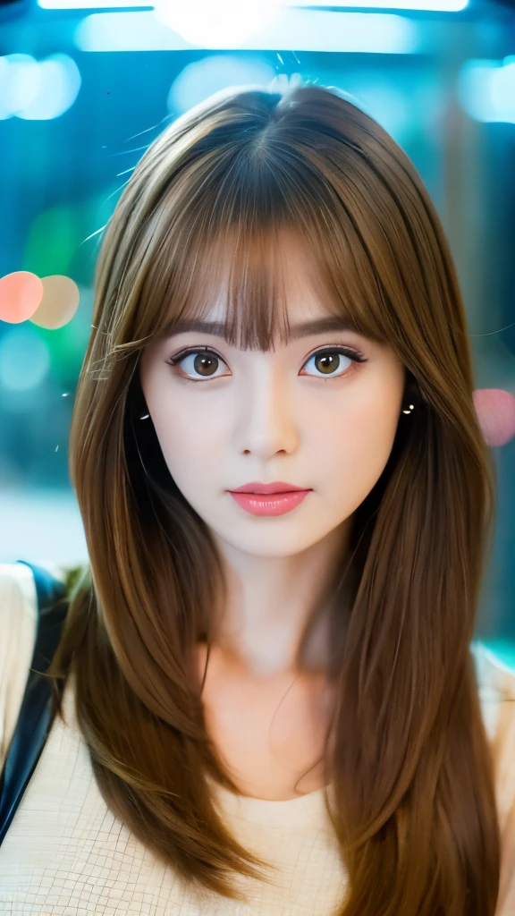 Best quality, 8k, ,Masterpiece :1.3)), facing viewer,((full body1.2)) ,pretty woman, wide shot ,1girl, , selfie , Aquarium,, brown hair , bangs,ultra-detailed face, highly detailed lips, detailed eyes, double eyelid