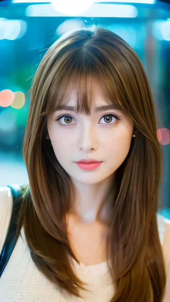 Best quality, 8k, ,Masterpiece :1.3)), facing viewer,((full body1.2)) ,pretty woman, wide shot ,1girl, , selfie , Aquarium,, brown hair , bangs,ultra-detailed face, highly detailed lips, detailed eyes, double eyelid
