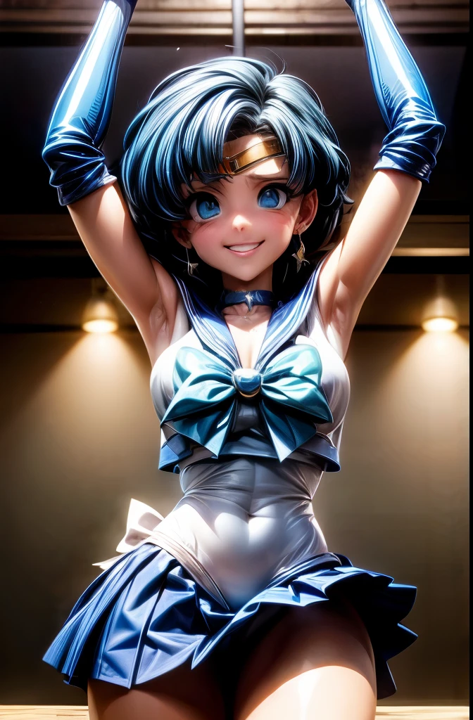 EPsm Sailor Mercury,  Blue Hair, blue eyes, Circlet, choker, Earrings, Blue Sailor Warrior Uniform, White elbow gloves, Yellow ribbon, Blue Skirt, blue long ブーツ, View your viewers, Severe, Grin, squat, Open your thighs wide to the left and right, Showing your crotch to the audience, Put your arms behind your head, city, Soft lighting, high quality, masterpiece,  smile, Embarrassing, blush