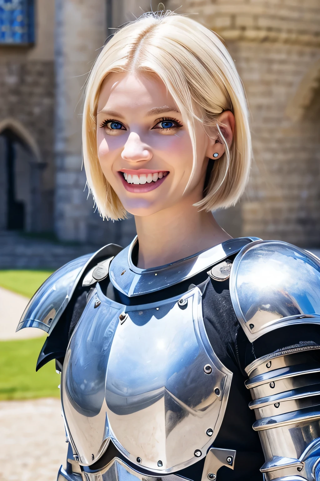 ８Ｋ、highest quality、female knight、Luxurious Silver Armor、、hairstyle short cut、smile、Beautiful Teeth、Full body photo、ear piercing、blonde、White woman、blue eyes、Heavy makeup、The background is inside the castle

