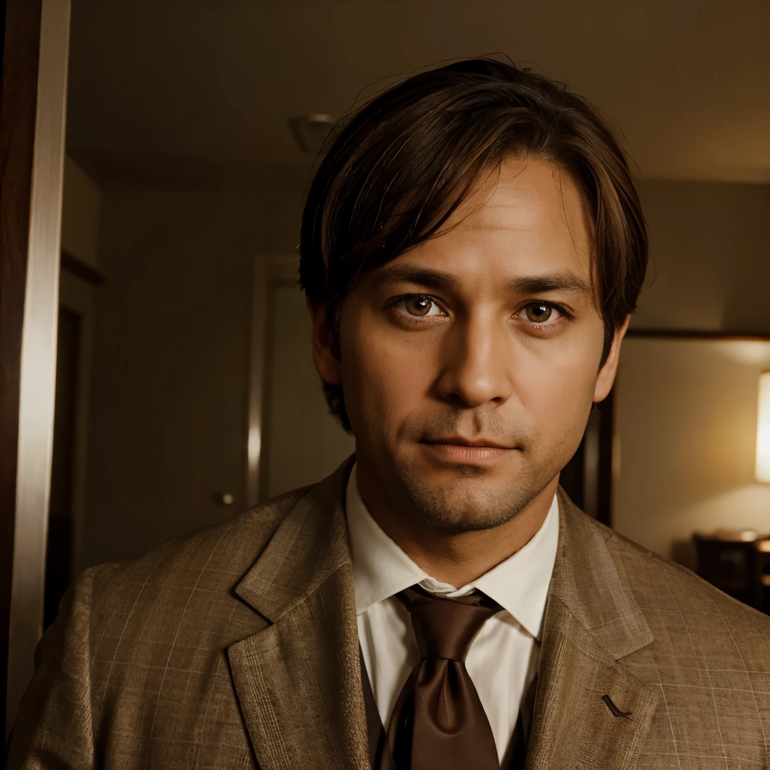 A forty year old gentleman with big honey eyes and brown hair in a suit and tie