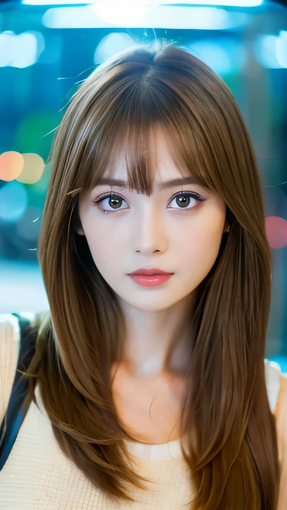 Best quality, 8k, ,Masterpiece :1.3)), facing viewer,((full body1.2)) ,pretty woman, wide shot ,1girl, , selfie , Aquarium,, brown hair , bangs,ultra-detailed face, highly detailed lips, detailed eyes, double eyelid