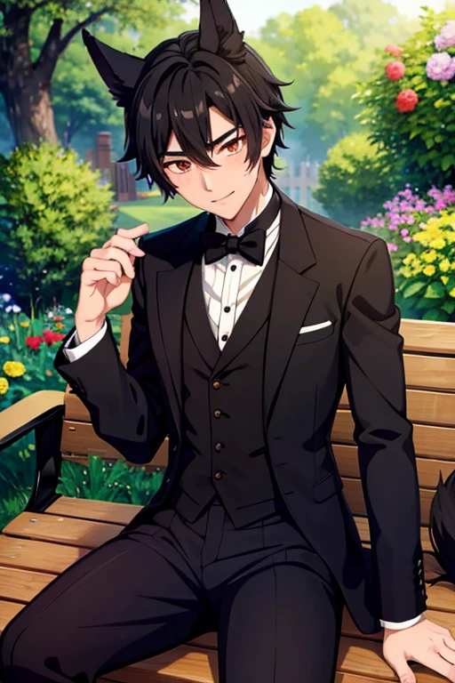 A black haired male student with golden eyes and black fox ears and a black fox tail in a Victorian suit is blushing on a bench in the garden