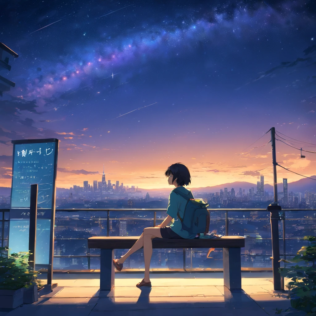 Octane, null, star (null), landscape, starry null, night, only , night null, alone, Outdoor, sign, building, cloud, milky way, Sitting, wood, Long Hair, city, silhouette, cityscape