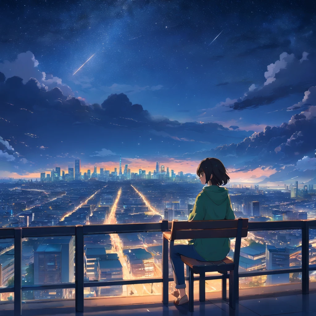 Octane, null, star (null), landscape, starry null, night, only , night null, alone, Outdoor, sign, building, cloud, milky way, Sitting, wood, Long Hair, city, silhouette, cityscape