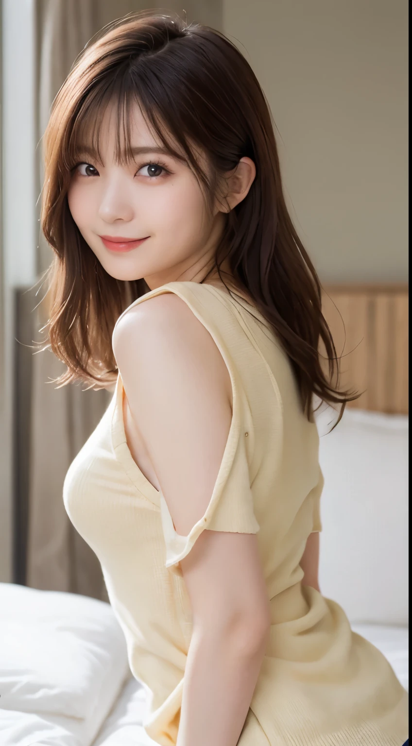 Tabletop, highest quality, figure, Very detailed, In detail, High resolution, 8k wallpaper, Perfect dynamic composition, Beautiful fine details, Light clothing、bed、gravure、Long Hair,Center of chest, Natural color lip, Bold sexy pose,smile,20-year-old girl、cute、sexy shot looking at camera