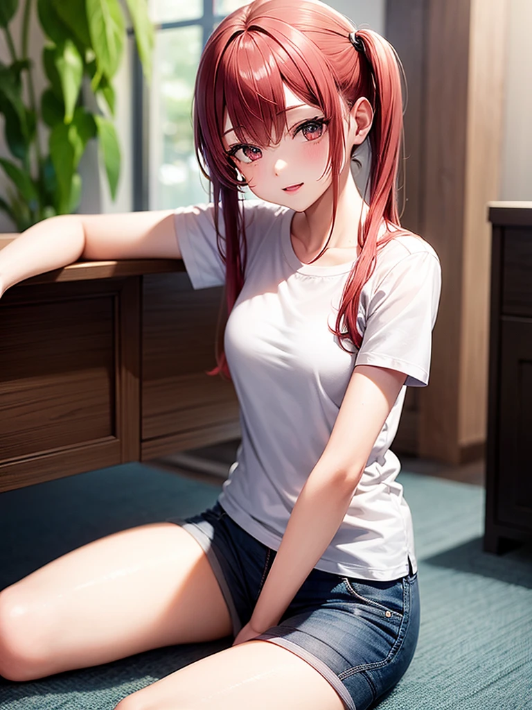 1_girl, solo, ore no imouto ga konna ni kawaii wake ga nai, 25-yers-old girl with crimson red hair- pulled up into twin ponytails, medium breasts, anime T-shirt, shorts, living room background, working on a computer