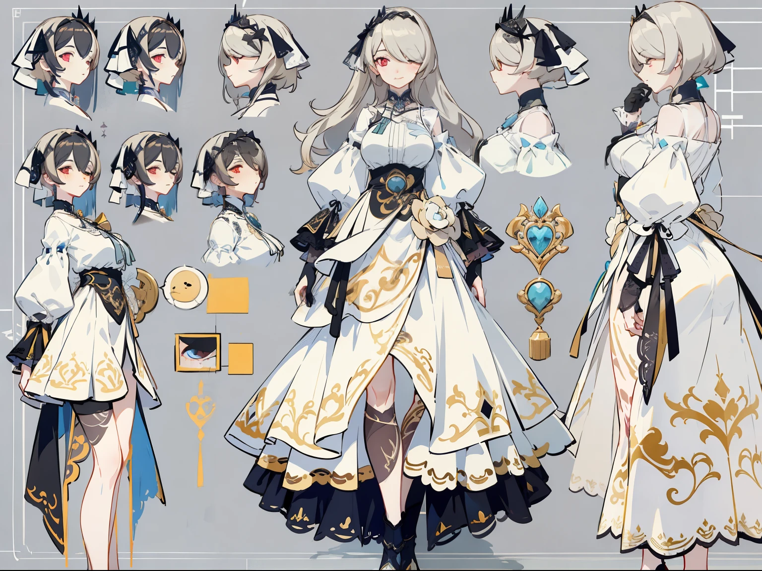 (Masterpiece, best quality) detailed, red eyes, Detailed face, one eye covered by bangs, beauty marks, character sheet, full bodyesbian, many items (same person, white blouse, long mermaid cut skirt, black lace gloves, shoes, decoration, many parts), aristocratic woman, gentle, good-looking skirt, full of details, clear outfit design