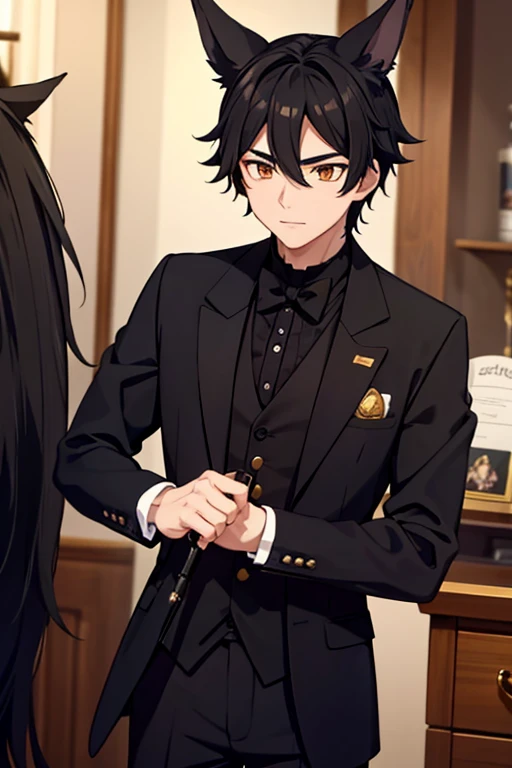 A black haired male student with golden eyes and black fox ears and a black fox tail in a Victorian suit is picking a wand at the shop