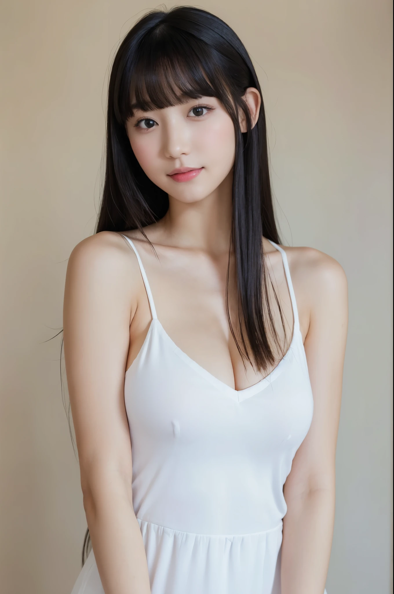 (In 8K, Raw photo, highest quality, Masseter muscle area:1.2), Ultra-detailed, Ultra-high resolution, (Realistic, Realistic photos:1.37), Portrait, High-resolution RAW color photos, Professional photography, hVery detailed and beautiful, Very detailed, 8k wallpaper, Incredibly detailed, Large file size, Official Art, hVery detailed beautiful girl, Very detailed顔, Very detailed目, Very detailed皮膚, Very detailed指, hVery detailed nose, Very detailed詳細な口, Perfect Anatomy, Detailed Background, Detailed clothing, ((1 girl)), 20th Generation, Realistic body, , White skin, Glowing Skin, The body is slim, Black-haired, Beaver, Long Hair, (Blunt bangs: 1.2), Cute face, Delicate eyes,Soft Breasts,Smiling expression,(camisole)