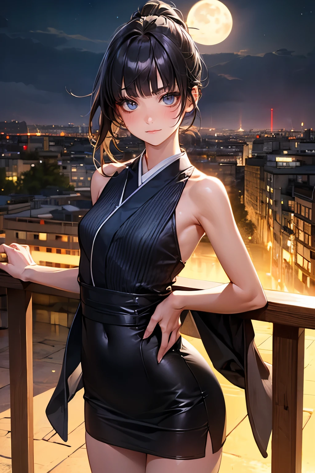 ((perfect anatomy:1.2,realistic:1.4,RAW Photography:1.4,masterpiece、highest quality、Ultra - High resolution、High resolution、Highly detailed CG、8K))),cowboy shot,1 female,solo、18 year old beauty,Japanese,((beautiful detailed face and eyes:1.3,gorgeous eyes:1.3,gray eyes)),black hair,long hair,straight hair,ponytail hair,blunt bangs,blush,(medium breasts,slender body,small head:1.2,skinny),(gleaming skin:1.4,oily skin:1.5,shiny skin)、(kimono、Sleeveless、Black tight skirt、Deep slit)、at night、High-rise buildings、rooftop、moonlight、