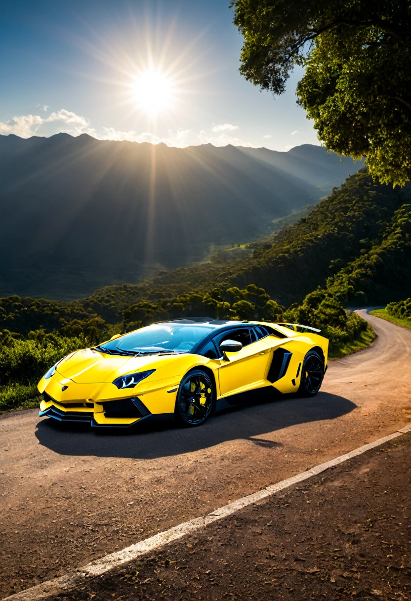 uma pria e fundo atras uma lamborguini aventador realista e o sol se pondo brilhos natural 
