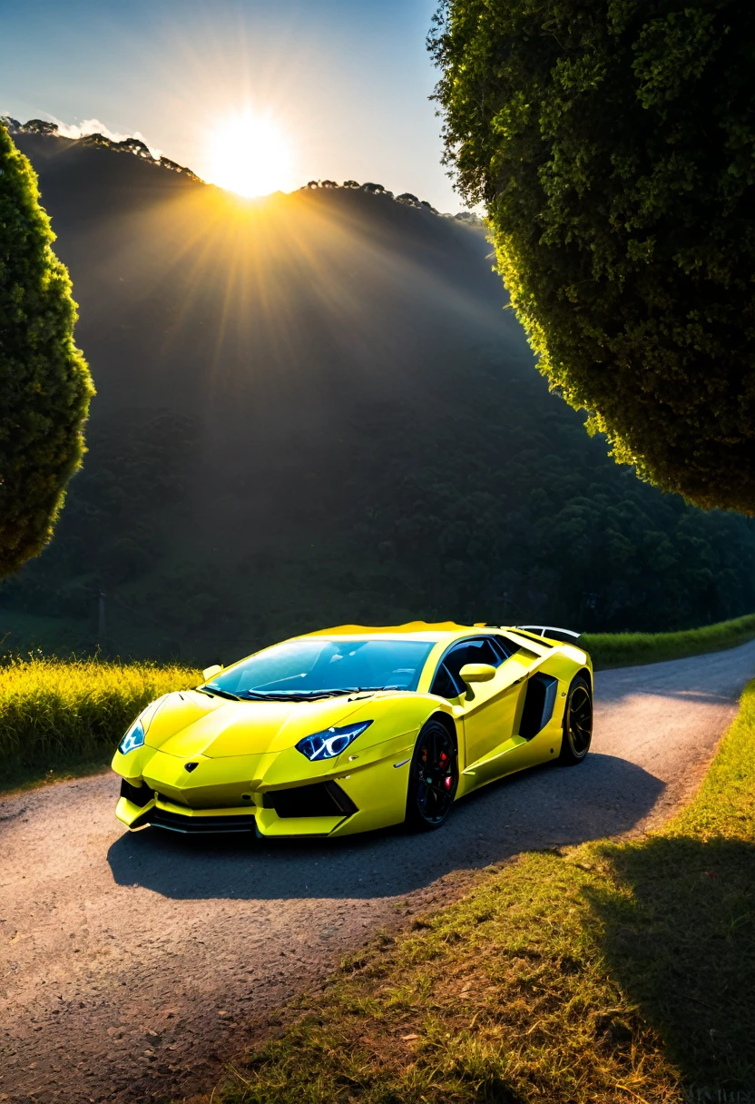 uma pria e fundo atras uma lamborguini aventador realista e o sol se pondo brilhos natural 