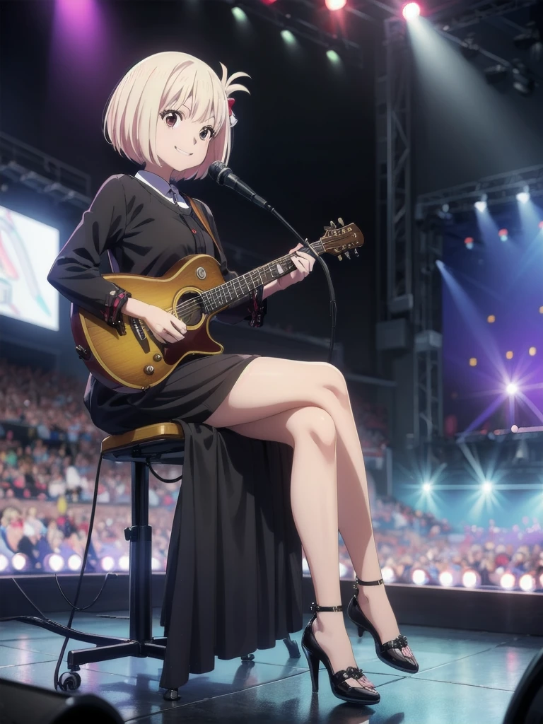 (((Pixel Perfect, Perfect detail))), (alone, 1 girl), Chisato Nishiki, Looking at the audience, (Concert, stage, singing), sitting chair, smile, full Body