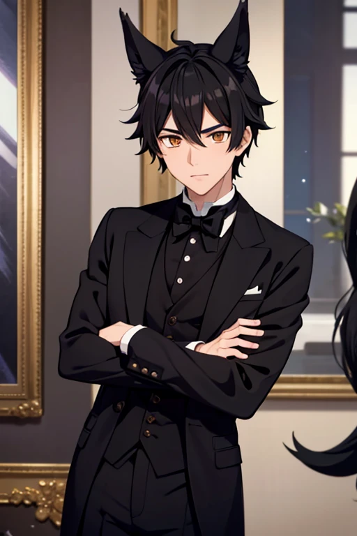A black haired male student with golden eyes and black fox ears and a black fox tail in a Victorian suit is watching a falling star