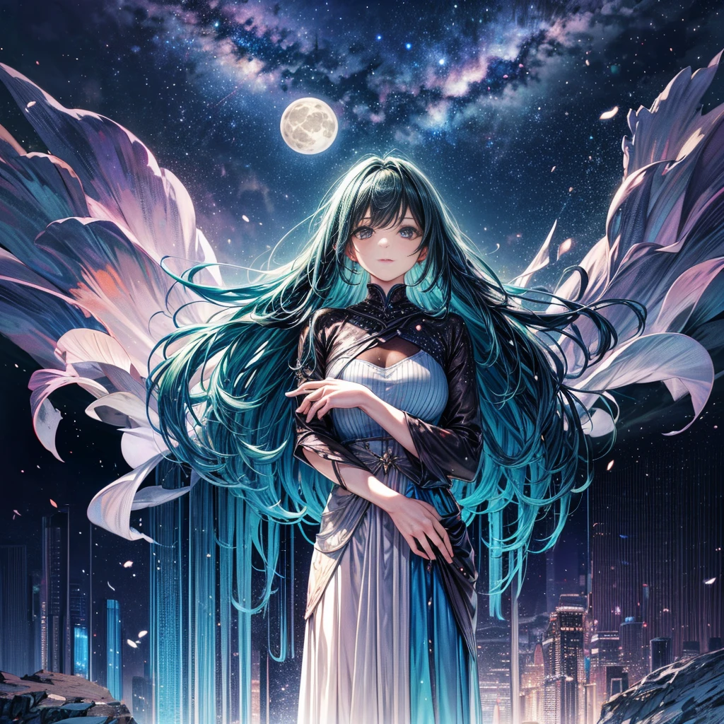 Landscape Photography (View from below, Above, Field below), A girl standing in a flower garden looks up (full moon: 1.2), (meteor: 0.9), (nebula: 1.3), Distant Mountain々, wood々destroys art, (Warm Light: 1.2), (fire Fly: 1.2), Light, Lots of purple and orange, Intricate details, Volumetric Lighting Break (masterpiece: 1.2), ( highest quality), 4K, Super detailed, (Dynamic configuration: 1.4), Rich color and detail, (Iridescent: 1.2), (Shine, Atmospheric lighting), dream-like, Magic, (alone: 1.2)