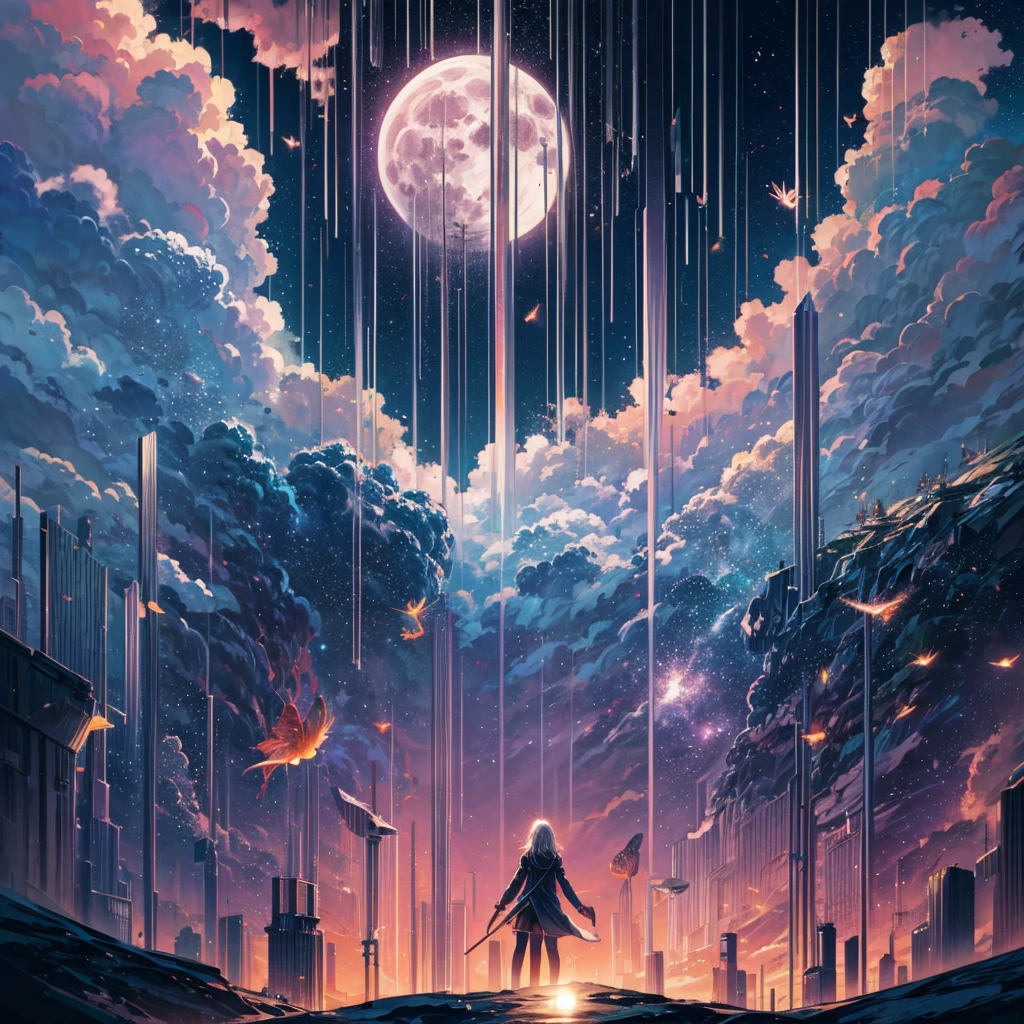 Landscape Photography (View from below, Above, Field below), A girl standing in a flower garden looks up (full moon: 1.2), (meteor: 0.9), (nebula: 1.3), Distant Mountain々, wood々destroys art, (Warm Light: 1.2), (fire Fly: 1.2), Light, Lots of purple and orange, Intricate details, Volumetric Lighting Break (masterpiece: 1.2), ( highest quality), 4K, Super detailed, (Dynamic configuration: 1.4), Rich color and detail, (Iridescent: 1.2), (Shine, Atmospheric lighting), dream-like, Magic, (alone: 1.2)