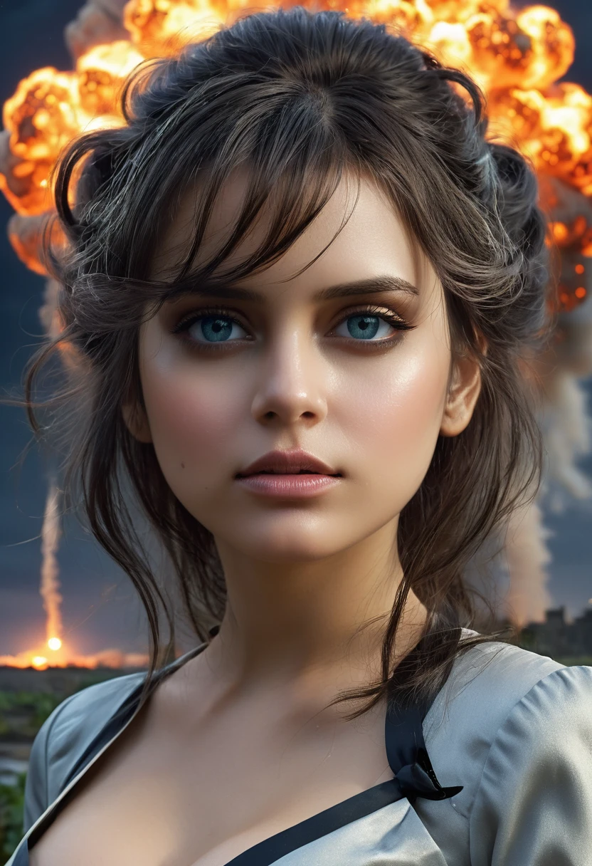 ((masterpiece)),best quality, illustration,{beautiful detailed young Samantha},beautiful detailed glow,(flames of war:1.2),(nuclear explosion behide:1.3),rain,detailed lighting,detailed water,(beautiful detailed eyes:1.1),expressionless,palace,azure hair,disheveled hair,long bangs,hairs between eyes,(whitegrey dress:1.1),black ribbon,white bowties,midriff,big forhead,blank stare,flower,long sleeves