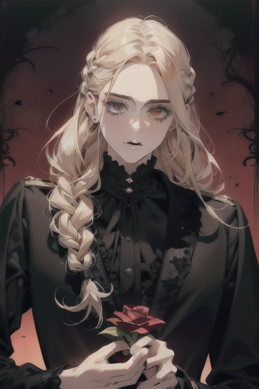 (absurdos, high resolution, ultra detalhado), 1 homem, adulto, bonito, cara alto e musculoso, ombros largos, olhos finamente detalhados e rosto detalhado, Blonde hair with long braid, olhos vermelhos, bonito, Terno, Fantasia, Uniforme, real, Gothic, vampiro, flores desabrochando flores desabrochando, rosas vermelhas, luz solar, Fantastic light and shadow, scenario, retrato, presas de vampiro, boca aberta, sensual, Atraente, oferecendo uma rosa vermelha