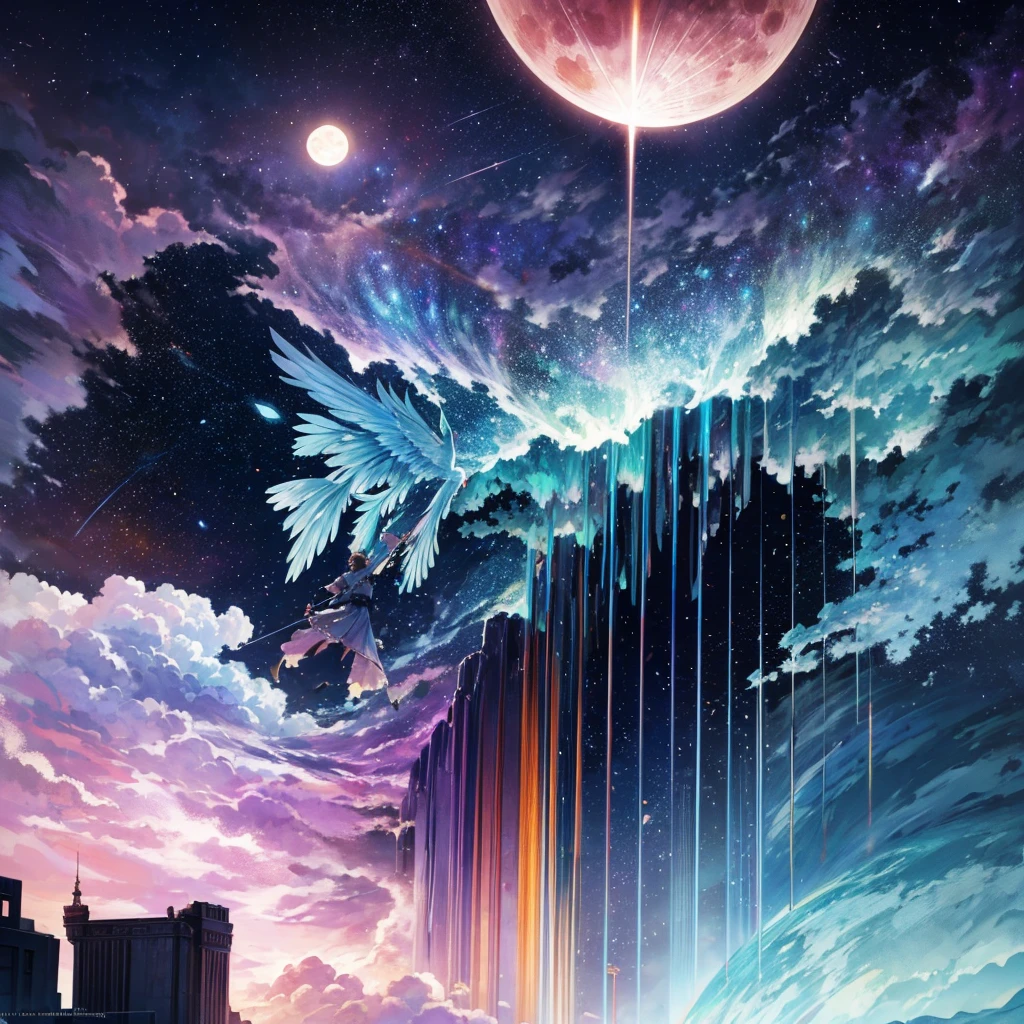Landscape Photography (View from below, Above, Field below), A girl standing in a flower garden looks up (full moon: 1.2), (meteor: 0.9), (nebula: 1.3), Distant Mountain々, wood々destroys art, (Warm Light: 1.2), (fire Fly: 1.2), Light, Lots of purple and orange, Intricate details, Volumetric Lighting Break (masterpiece: 1.2), ( highest quality), 4K, Super detailed, (Dynamic configuration: 1.4), Rich color and detail, (Iridescent: 1.2), (Shine, Atmospheric lighting), dream-like, Magic, (alone: 1.2)