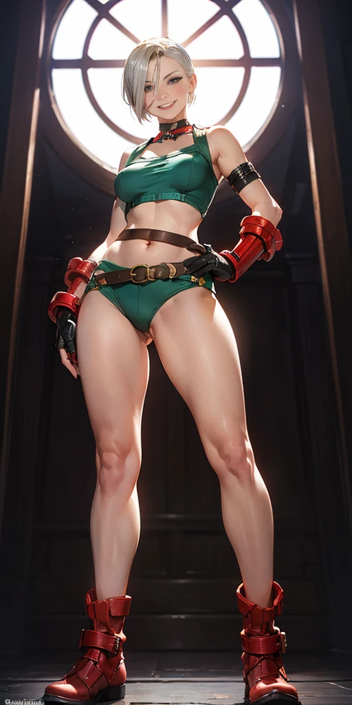 (Cammy White Street Fighter 6 with white silver short bob haircut) Female full body standing straight symmetrical feet together with Footless Tights, huge belt around waistline (choker, bracers, handcuffs, shackles, rerebrace, high boots with bootstraps, faulds, poleyn, gloves, gauntlets), lustful smirking smile face red blushed red cheeks, (hands (clenching) on hips) pinched eyes, (big-:1.5) thin legs, thin body, leather collar, view from below, wide hips
