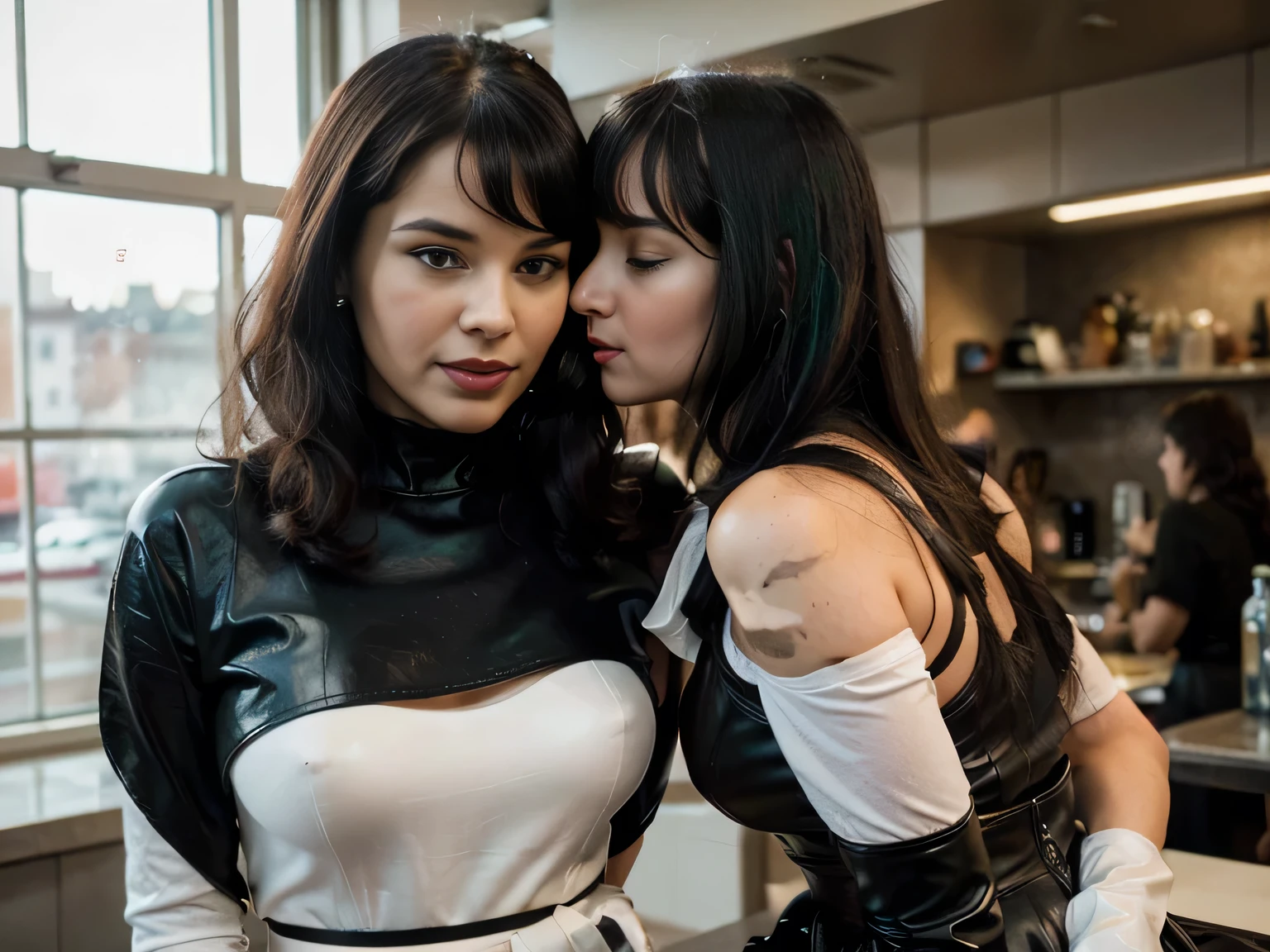 masterpiece photo, ((retro vintage)), photography, ((1940s vibe)), year 1930, 40 years old Bettie page kissing a black woman, , vintage white sleeveless dress, (( leather white gloves)), long sleeves, wavy hair, black long maxi-skirt(black long maxi-skirt:1.2),hd, color image, short hair, winter, brunette, smile, in a fast food, ultra realistic, art conceptuel, elegant, Very detailed, complexe, sharp Focus, depth oF Field, F/1. 8, 85mm, (((proFessionally color graded))), bright soFt diFFused light, (volumetric Fog), tendance sur Instagram, hdr 4k, 8K