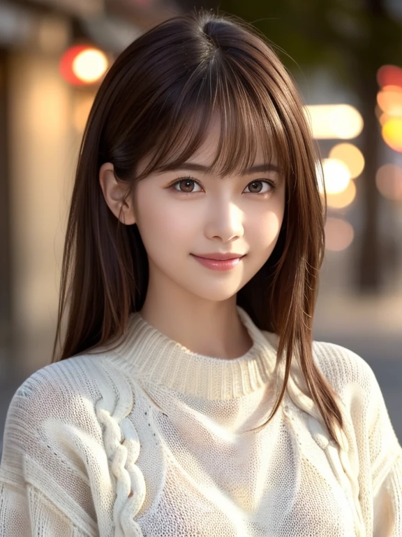 1 girl,(ivory sweater:1.4),, (RAW Photos, highest quality), (Realistic, Photorealistic:1.4), Tabletop, Very delicate and beautiful, Very detailed, 8k wallpaper, wonderful, finely, Very detailed CG Unity, High resolution, Soft Light, Beautiful and detailed 29 year old girl, Very detailed目と顔, Beautiful and detailed nose, finelyて美しい目,City lights during the day,Perfect Anatomy,Slender body,smile  (Asymmetrical bangs, Light brown hair,)cherry blossoms