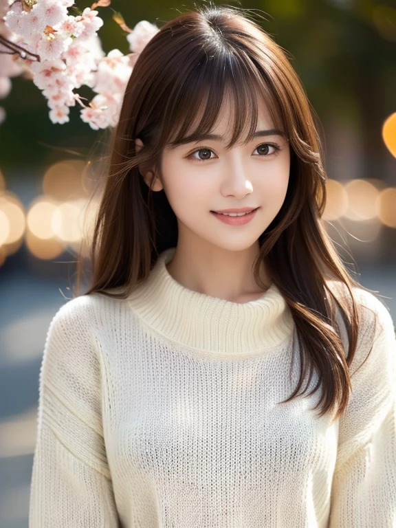 1 girl,(ivory sweater:1.4),, (RAW Photos, highest quality), (Realistic, Photorealistic:1.4), Tabletop, Very delicate and beautiful, Very detailed, 8k wallpaper, wonderful, finely, Very detailed CG Unity, High resolution, Soft Light, Beautiful and detailed 29 year old girl, Very detailed目と顔, Beautiful and detailed nose, finelyて美しい目,City lights during the day,Perfect Anatomy,Slender body,smile  (Asymmetrical bangs, Light brown hair,)cherry blossoms