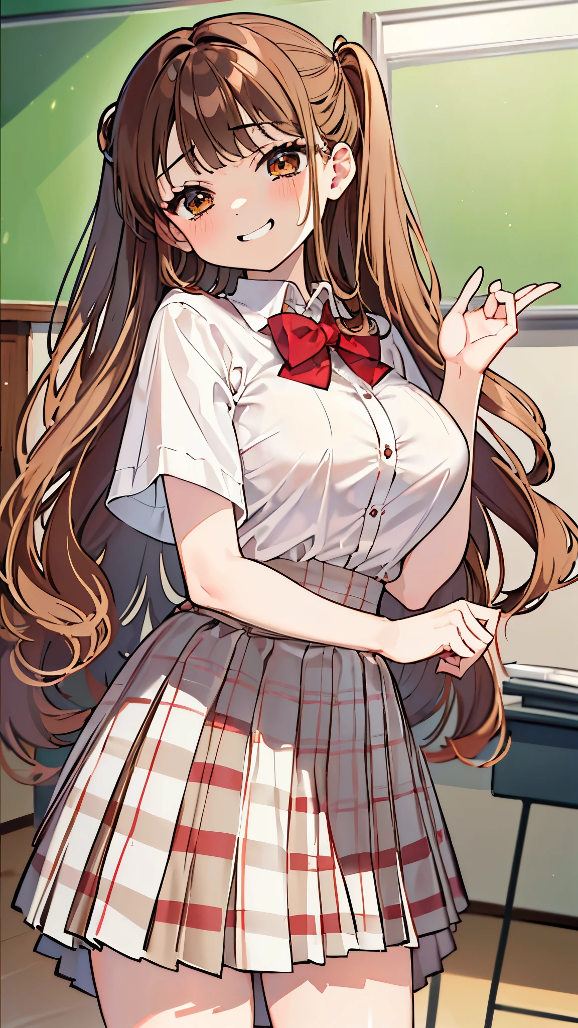 ((masterpiece、highest quality、Super detailed))、One 、Brown Hair、Long Hair、Two Side Up、blunt bangs、Brown eyes、evil smile、((Laugh with your mouth wide open))、Large Breasts、((White shirt))、Short sleeve、Red bow tie、((Checkered pleated skirt))、low length、Cowboy Shot、Classroom Background
