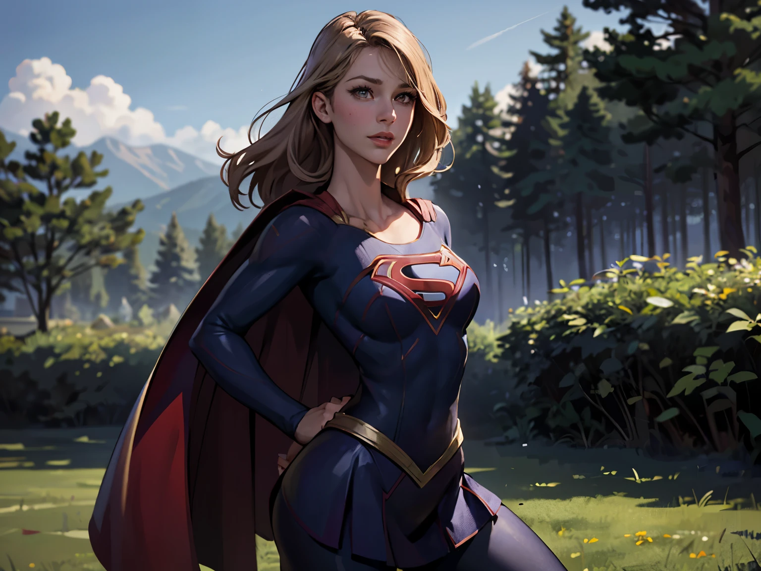 ((highest quality)), ((masterpiece)), (be familiar with), (High definition), (Realistic), (Realistic), (Best Shadow), Low contrast, (Complex:1.4), Side lighting, 8K, ((melissa Benoist)), ((SUPER GIRL)), Perfect Face、Detailed、(Accurate hand and finger depiction)、supergirl women、Blonde、Voluptuous body、((Large Breasts))、Narrow waist、Big Ass、Alluring、glamorous、((Bust Shot))、sweating、On the grass、in the deep forest、blue sky、((Chest up:1.2))