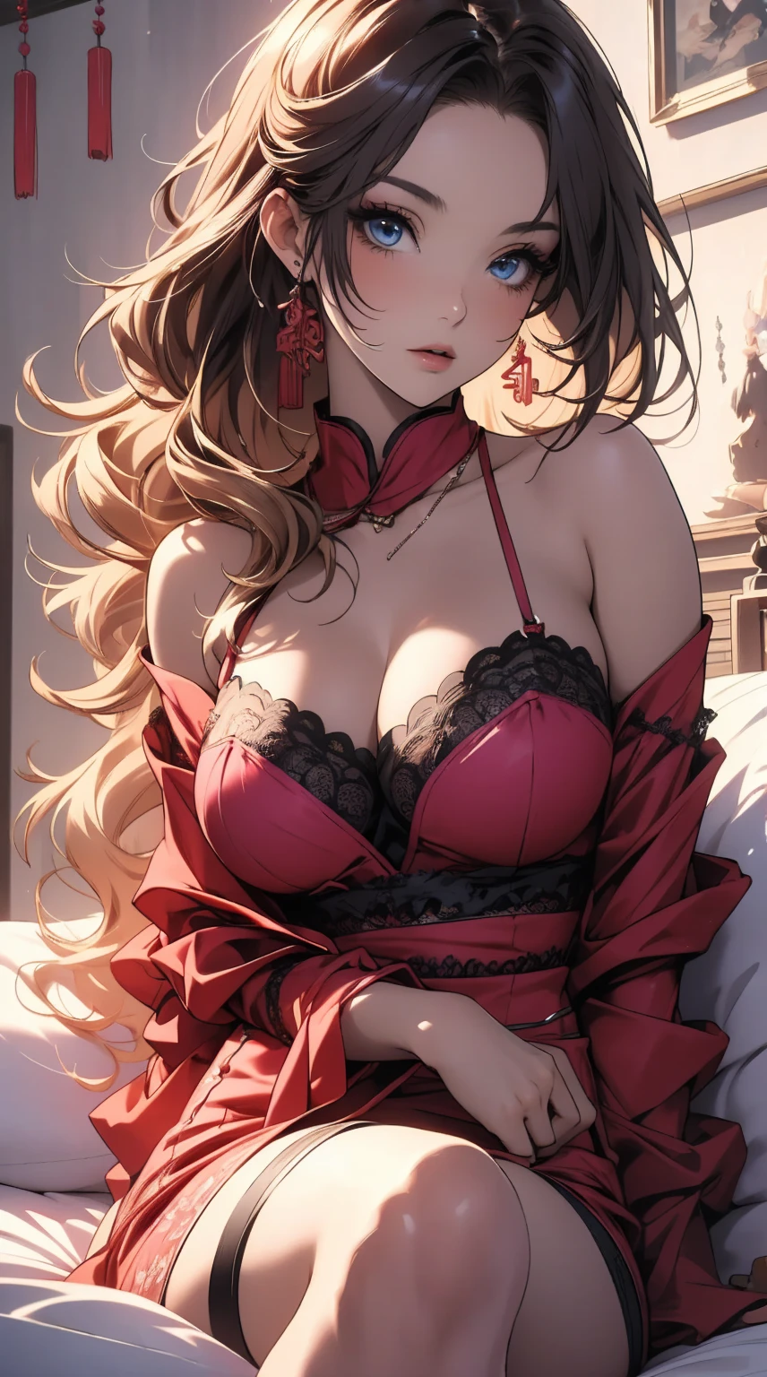 masterpiece,8K,high quality,full body:1.7,Clean blue eyes,赤いopen your mouth,But thin clothes,Very calm and gentle look,Many sparkling pictures,Huge bursting breasts,Silky white wet skin,open your mouth,Biggest, biggest breasts,Tight waist,A beautiful, shiny, sheer, bright pink dress,A woman sitting on a bed wearing a bright pink shiny thin skin-tight sheer Chinese dress,Sheer off-the-shoulder light pink thin lace Chinese princess tulle dress,fantasy art,red bra, Cute 3D anime Chinese girl rendering, Art Germ and William Bouguereau,Long wavy shiny black-pink hair,Beautifully detailed body and face, beautiful avatar pictures, high quality detailed anime,Chinese Sexy Women,Wide-angle landscape photography:1.6,chinese luxury bedroom,