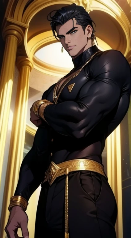 homem de pele escura, Olhos roxos brilhantes, poderoso, cabelo preto encaracolado, macho, estilo anime, Imagem 4K, olhando pra cima, epic, cinematic, ground level sQuente, Quente,  fundo da sala do trono de cristal, wearing gold jewelry, wearing bright and shiny academic clothing, incrivelmente detalhado, Detalhes legais