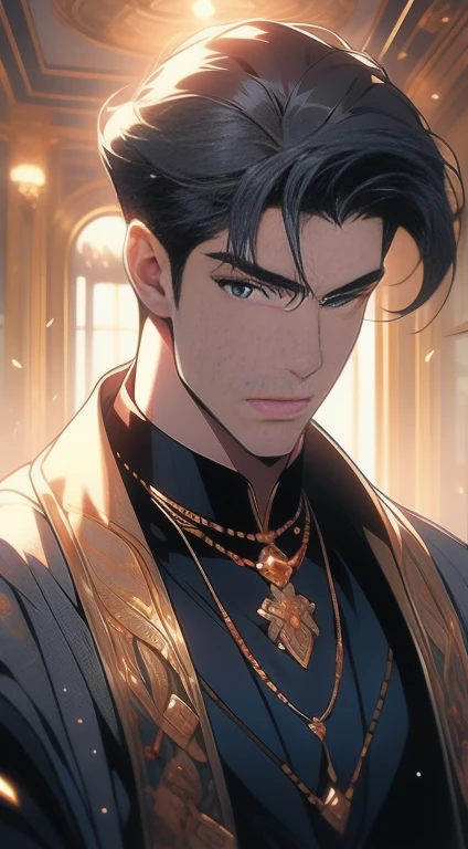 homem de pele escura, Olhos roxos brilhantes, poderoso, cabelo preto encaracolado, macho, estilo anime, Imagem 4K, olhando pra cima, epic, cinematic, ground level sQuente, Quente, fundo da sala do trono de cristal, wearing gold jewelry, wearing bright and shiny academic clothing, incrivelmente detalhado, Detalhes legais