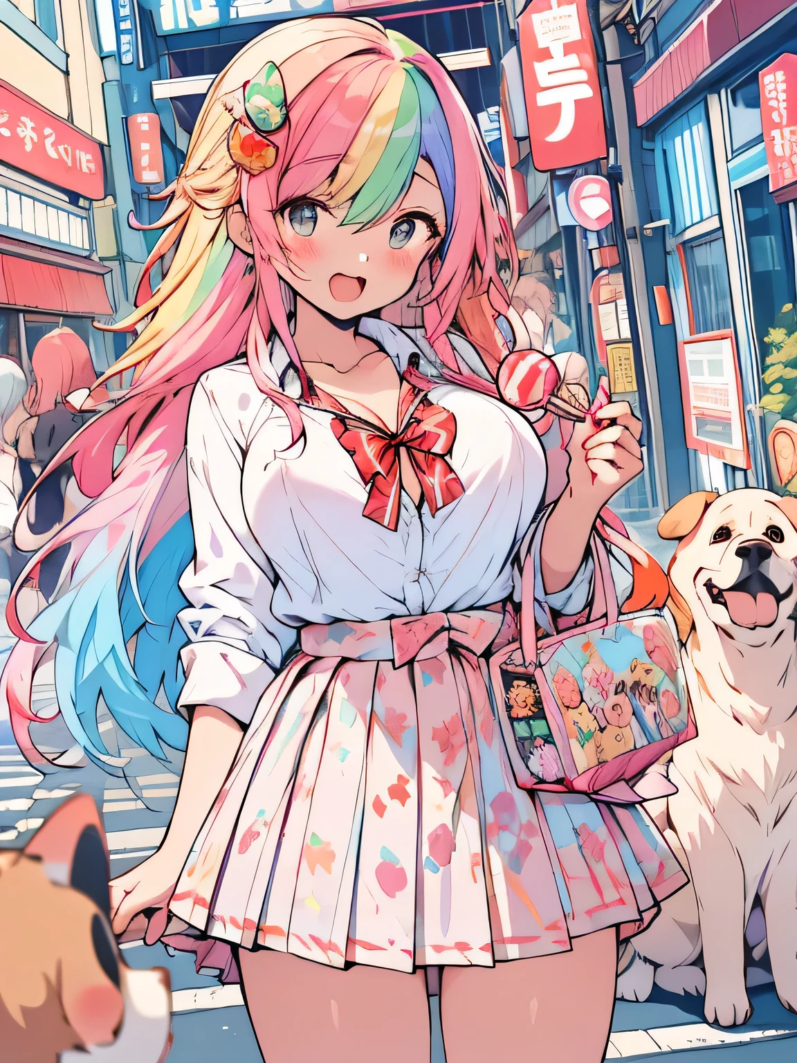 (best quality), (very aesthetic), (ultra-detailed), (best illustration), gal, gyaru, solo, 1 dog, Rainbow hair,long hair, messy hair, randomcolor eyes, large breasts, candy striped dress shirt, pleated skirt,Tokyo,Fancy city,laugh with open mouth