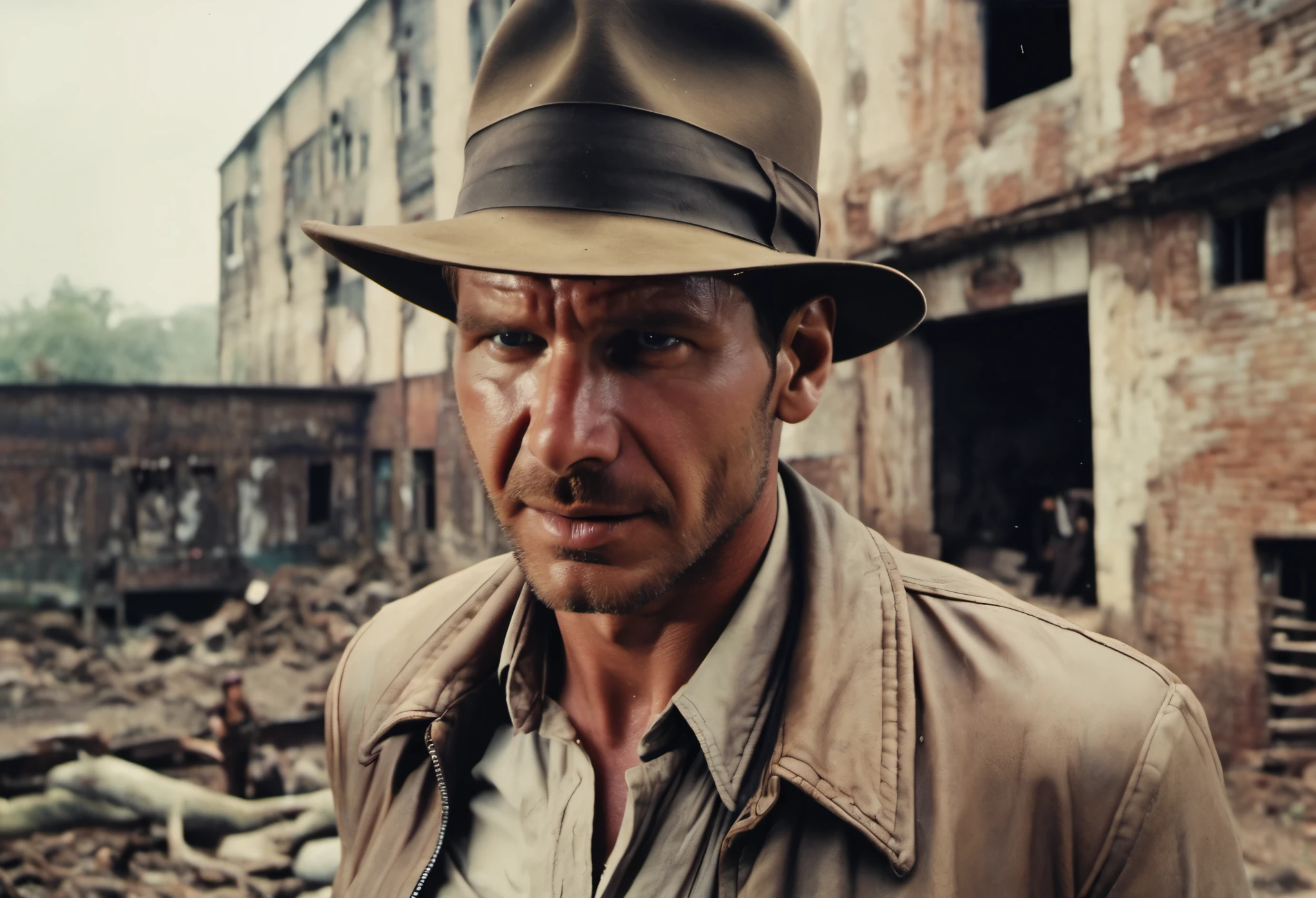 Indianajones Person visiting an abandoned factory in India. Sideshow, eerie moody, iconic hat, film grain movie scene.