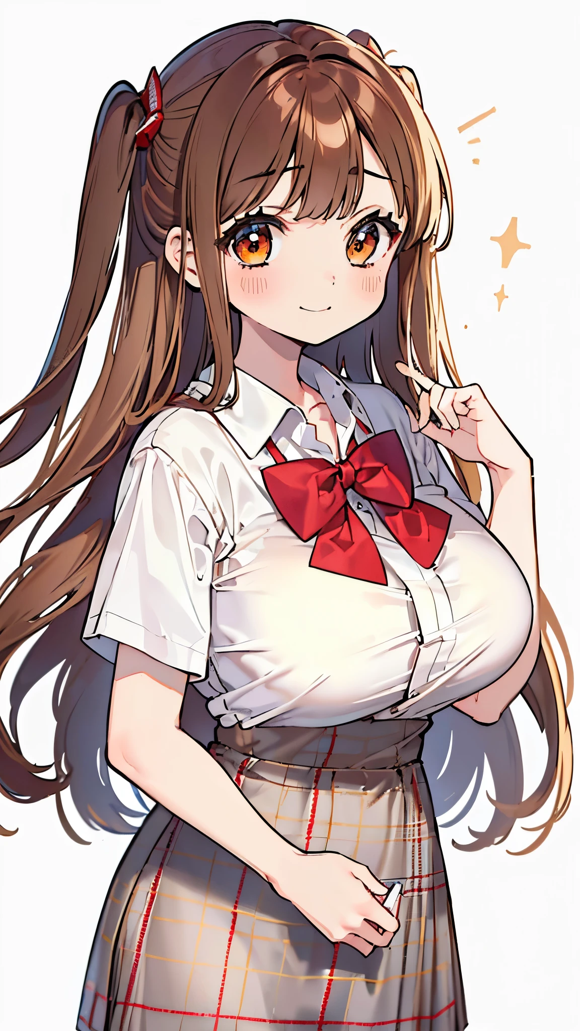 ((masterpiece、highest quality、Super detailed))、One girl、Brown Hair、Long Hair、((Two Side Up))、blunt bangs、Brown eyes、Laughing with your mouth open、Large Breasts、((White shirt))、Short sleeve、Red bow tie、((Plaid pencil skirt))、Cowboy Shot、Classroom Background