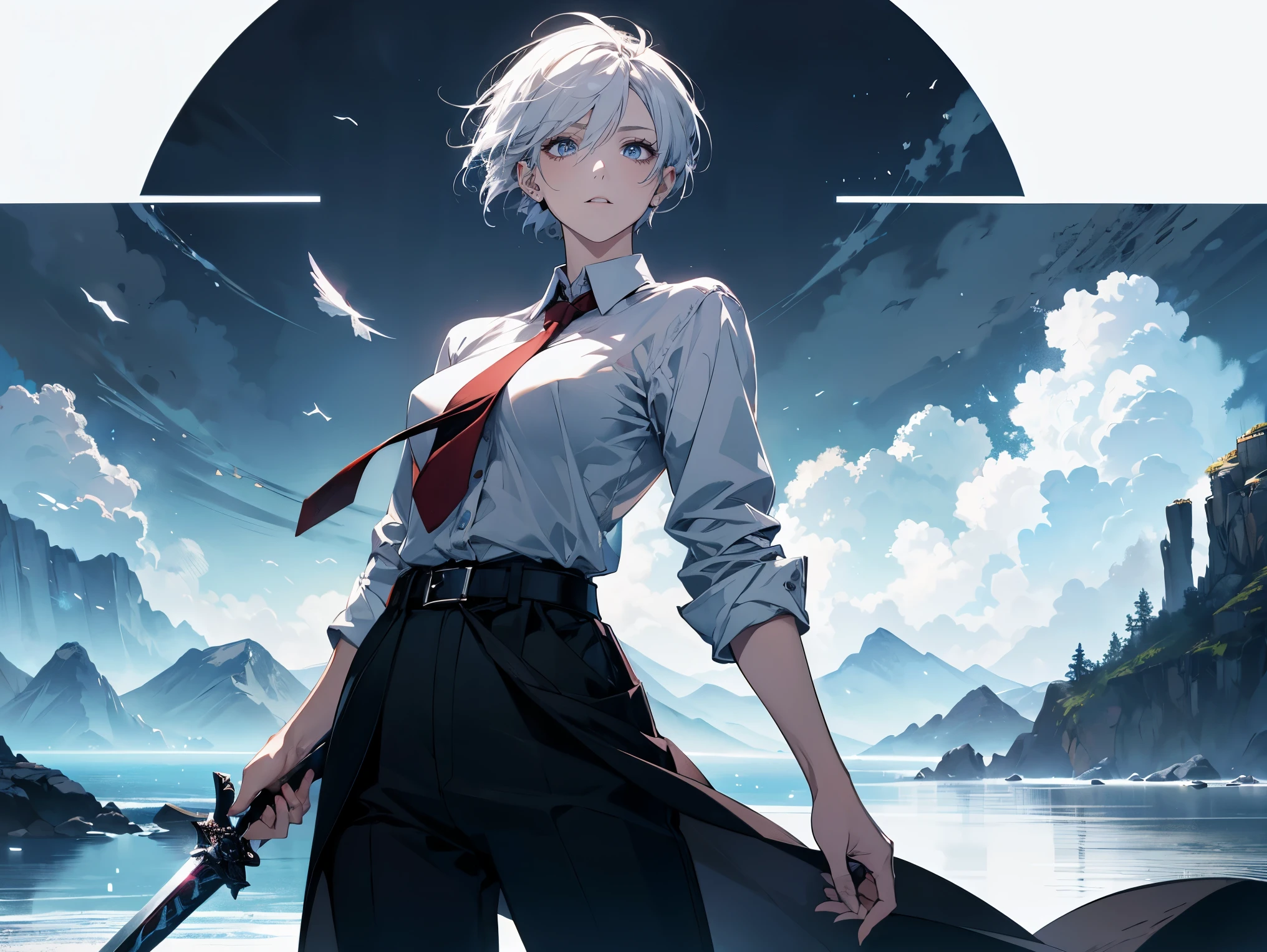 1 female,, 26 year old, feminine, short white hair, Attractive, red tie, White shirt, Black belt, Black pants, Long large eyes of ocean color, Beautiful blue eyes、beautiful short hair、no expression, holding a sky blue sword, black hilt, Trending on ArtStation, 8K resolution, Highly detailed, Anatomically correct, Sharp Image, Digital Painting, Concept art,of the highest quality、snowy forest background, flying pages