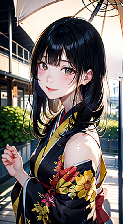 (kimono),random pose,、(highest quality,masterpiece:1.3,超A high resolution,),(Super detailed,caustics),(Photoreal:1.4,RAW shooting,)ultra-realistic capture,very detailed,High resolution 16K human skin close-up、 natural skin texture、Skin tone looks even and healthy、 Use natural light and color,1 girl,Japanese,28 years old,cute,black haired,middle hair,,smile,,(written boundary depth、chromatic aberration、wide range of lighting、natural shading,freckles,mole under left eye