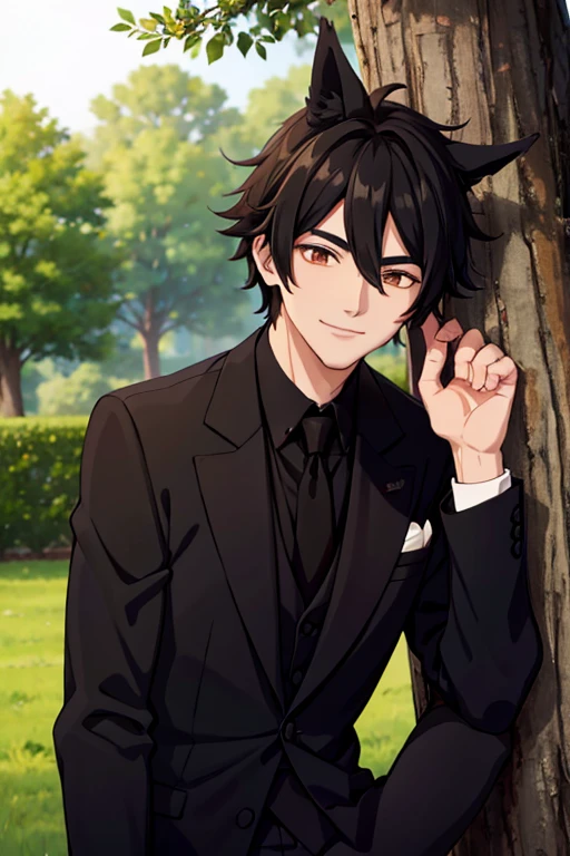 A black haired male student with golden eyes and black fox ears and a black fox tail in a Victorian suit is smiling while leaning on a tree with his hands in his pocket