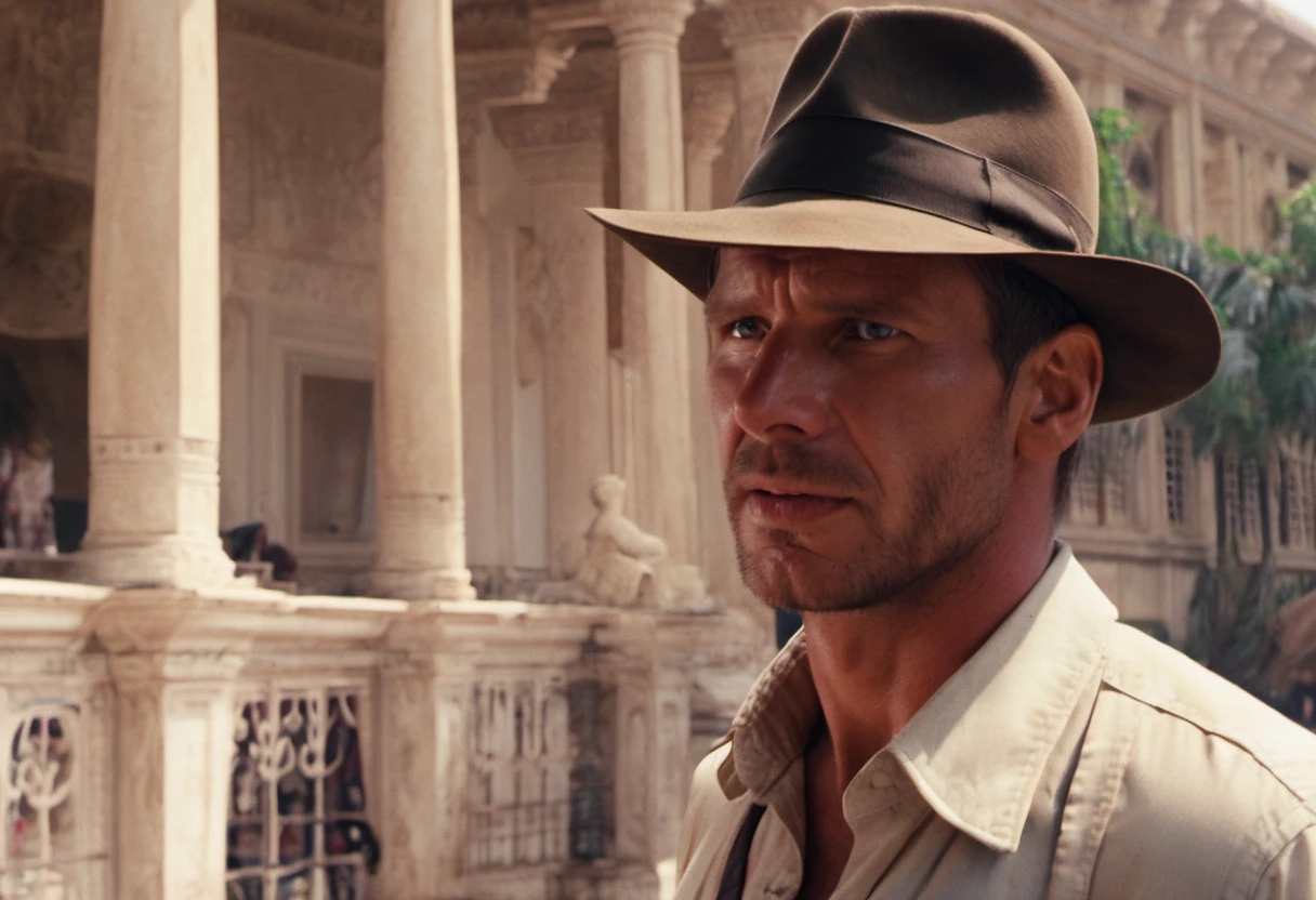 Indianajones Person visiting a luxurious palace in India. Sideshow, eerie moody, iconic hat, film grain movie scene.