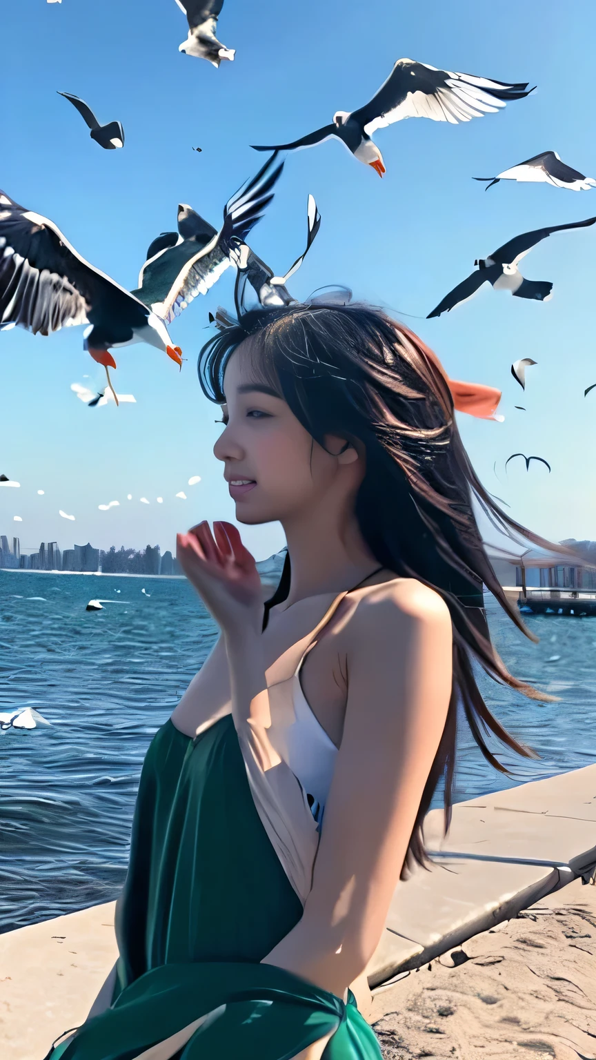 girl, bird, A flock of seagulls,On the beach，Back，A woman standing on the pier，There are birds flying around, hands stretched out to her, Flying around the bird, Tik Tok Video, The most beautiful scene, Spread your wings, Birds fly away, holding electricity and birds, her hands on her waist, Low quality video, Bird in the distance, Holding Hands, Bird, beautiful girlfriend gentle and lovely, Thin body, (Frontal lobe), (tilted head), Look directly into the camera, [Separate sleeves::0], [Collared shirt::0], [Cropped Pants::0], Black silky long straight hair, Long hair spread over shoulders
