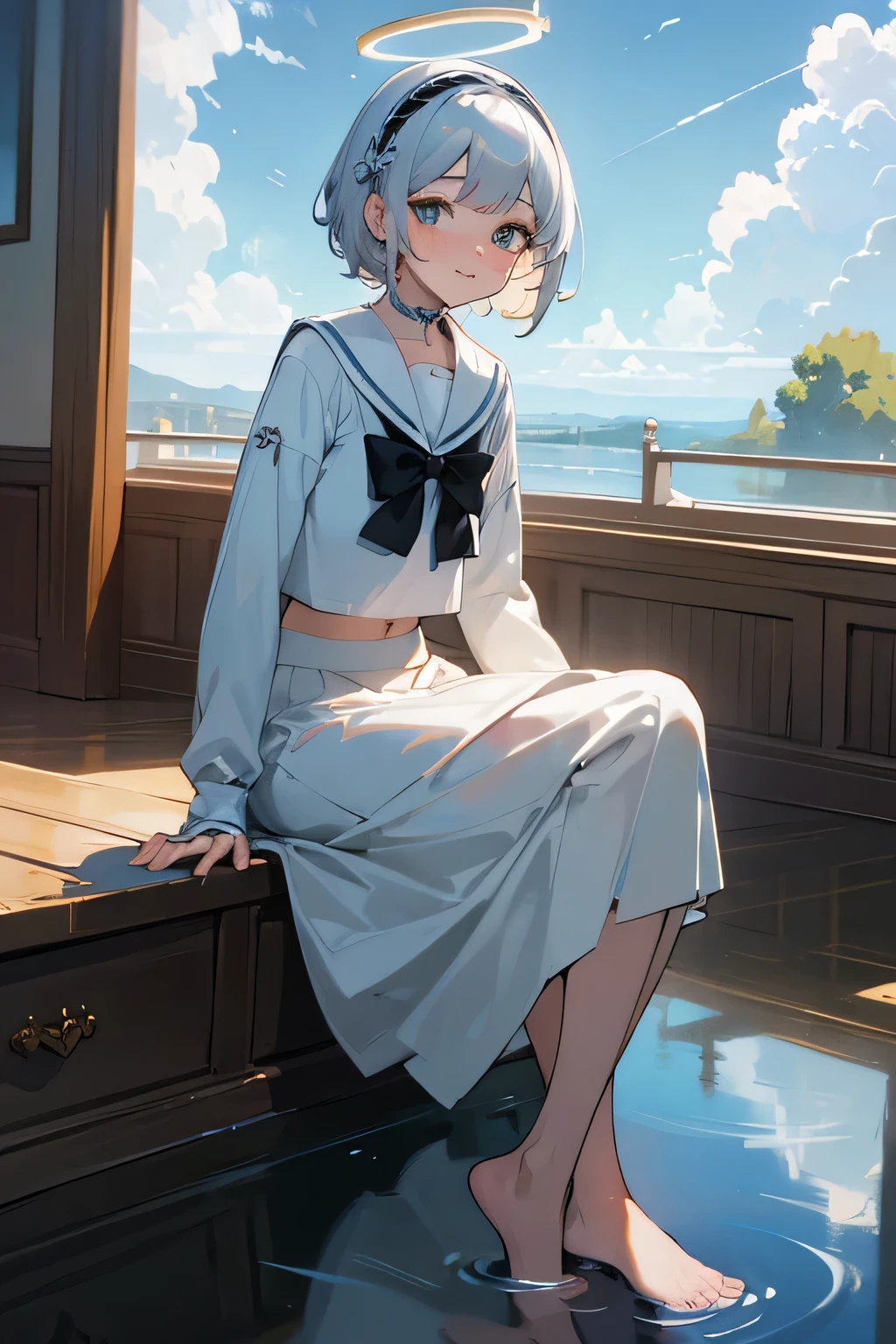 masterpiece, perfect face, (thick lines:1.0), (ultra-detailed:1.2), (oil painting:0.9), (extremely detailed CG unity 8k wallpaper:1.2), soft lighting, masterpiece, perfect face, (thick lines:1.0), (ultra-detailed:1.2), (oil painting:0.9), (extremely detailed CG unity 8k wallpaper:1.2), soft lighting, arona, 1girl, mechanical halo, solo, short hair, single braid,
, barefoot, blue shirt, long sleeves, white bowtie, white choker, white hairband, white sailor collar, white skirt, long skirt
smile, blush, feet, toes, looking at viewer, sitting, midriff, knees to chest
BREAK water, ruined classroom, blue sky, cloud, day, reflection, reflective water, shallow water