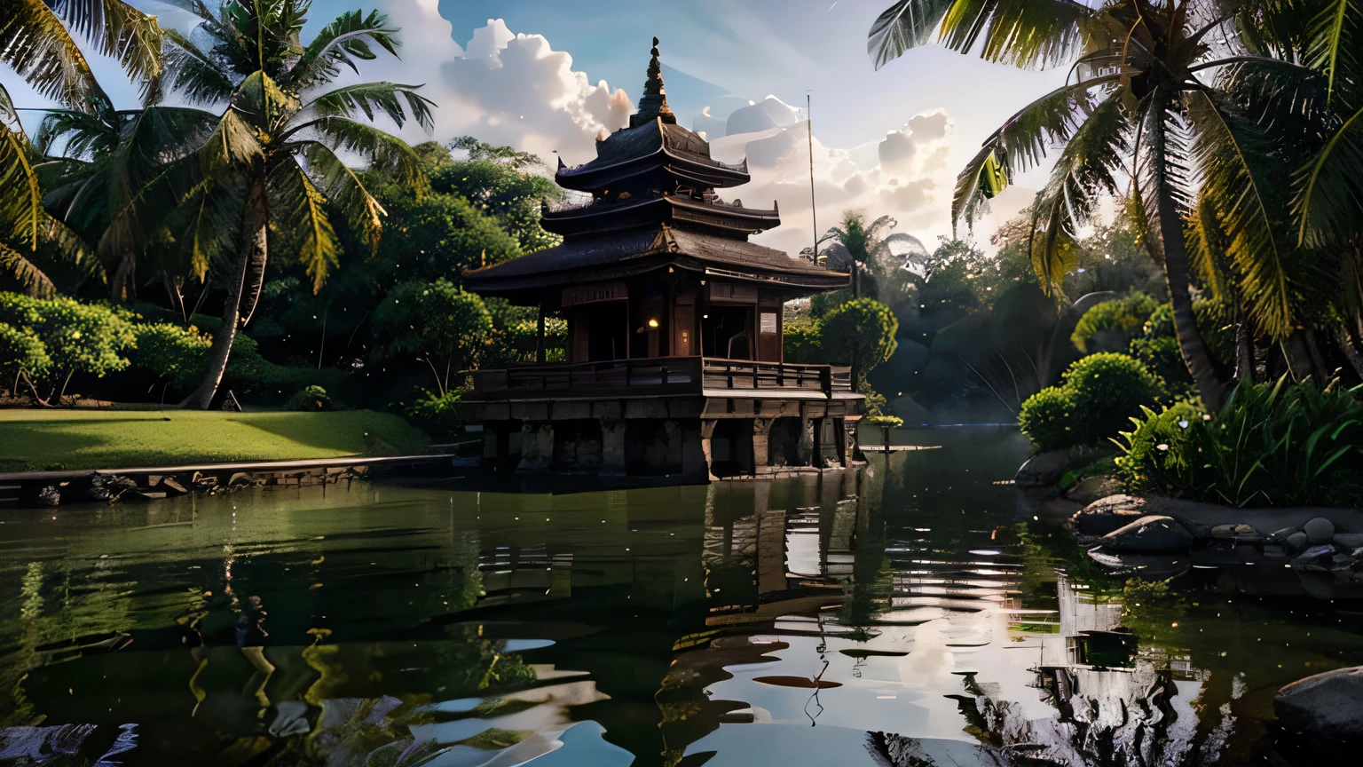 Chibi Kawaii style, traditional kerala hindu temple, located near a water body, surrounded by coconut tree, sunlight hitting the temple from behind, black outline. black line art, clean outline art, ultra clear,The style is highly detailed and vivid, with a blend of realism and fantasy art elements, emphasizing a moody and ethereal ambiance. epic masterpiece, cinematic experience, 8k, fantasy digital art, HDR, UHD. This contrast between the fantastical character and the more traditional fantasy color scheme and elements gives the piece an intriguing narrative quality.