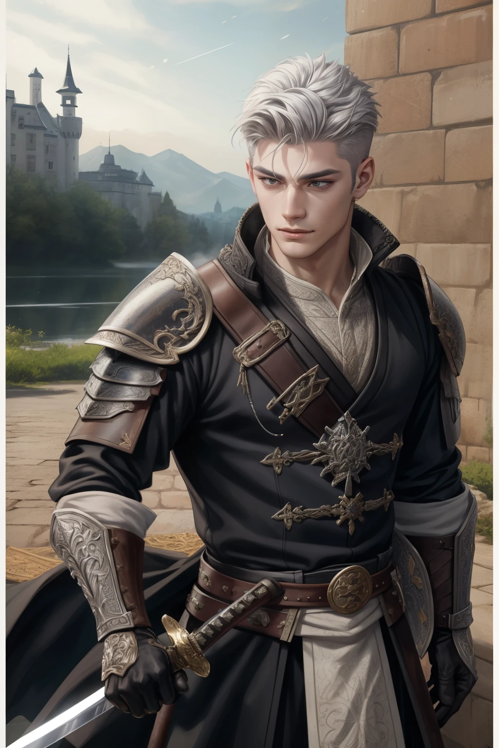 (Absurdres, Intricate Details, Masterpiece, Best Quality, High Resolution, 8k), 1 male, masculine, young, aged up, dreadful, finely detailed eyes and face, white gray short back and sides hair, black eyes,  portrait,  looking at viewer, solo, (full body:0.6), derailed eyes, calm smile, detail face, try to kill enemy, long sword, masculine, young, aged up, detailed sword, fighting with sword, leather armor, in castle background, fighting in practice swordsman, glove, VFX.