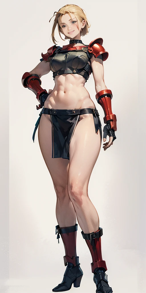 ((Plain background 1:2)) (Cammy White Street Fighter 6) Female full body standing straight symmetrical, (breastplate, choker, bracers, handcuffs, shackles, rerebrace, armored, high boots bootstraps, shoulder armor, faulds, poleyn, gloves, gauntlets), lustful smirking smile face red blushed red cheeks, (hands (clenching) on hips), loincloth, pinched eyes, (big-:1.5) thin legs, thin body, leather collar, view from below, wide hips