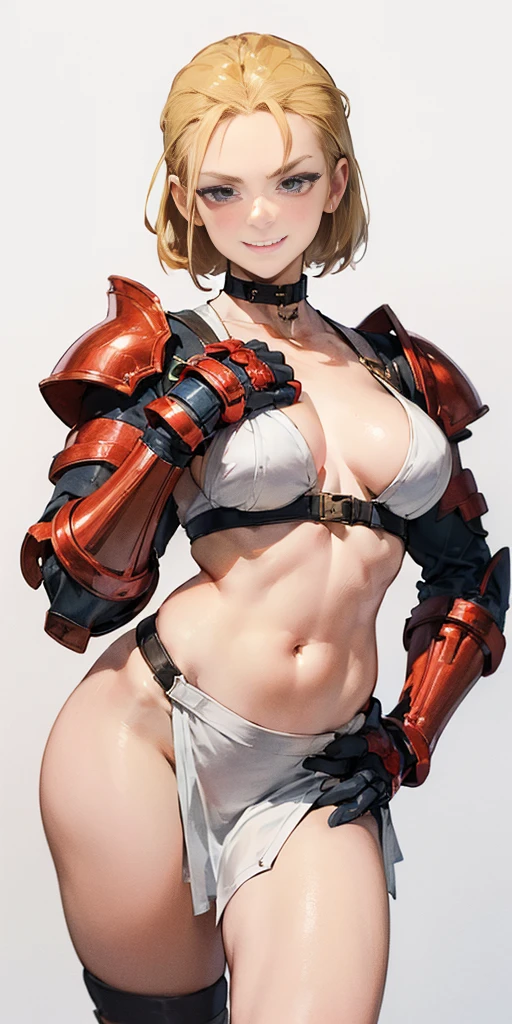 ((Plain background 1:2)) (Cammy White Street Fighter 6) Female full body standing straight symmetrical, (breastplate, choker, bracers, handcuffs, shackles, rerebrace, armored, high boots bootstraps, shoulder armor, faulds, poleyn, gloves, gauntlets), lustful smirking smile face red blushed red cheeks, (hands (clenching) on hips), loincloth, pinched eyes, (big-:1.5) thin legs, thin body, leather collar, view from below, wide hips
