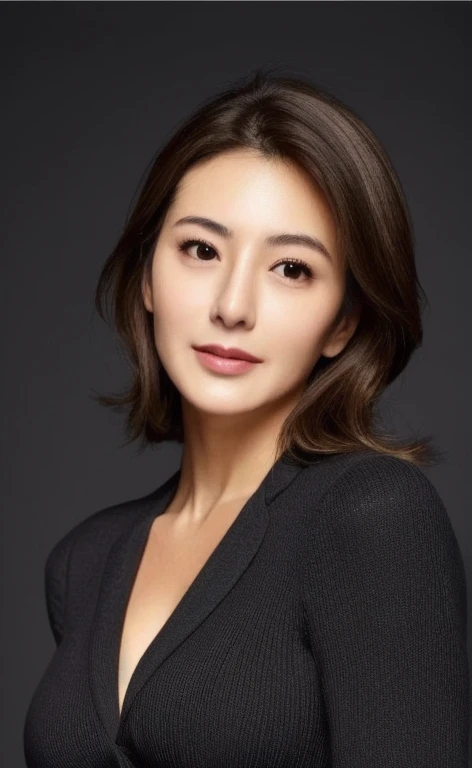 Ultra-high resolution, masterpiece, highest quality, perfect glowing skin, Perfect lighting, Detailed lighting, Japanese muscular middle-aged woman、, Beige thin knit, View Camera, Off the shoulder, Brown wavy hair with highlights、Big Breasts, Large exposed cleavage, Black double eyelids, Browsing Caution, ((Dark Background)), Sexy Face, The facial expression when feeling happy, Open the mouse,